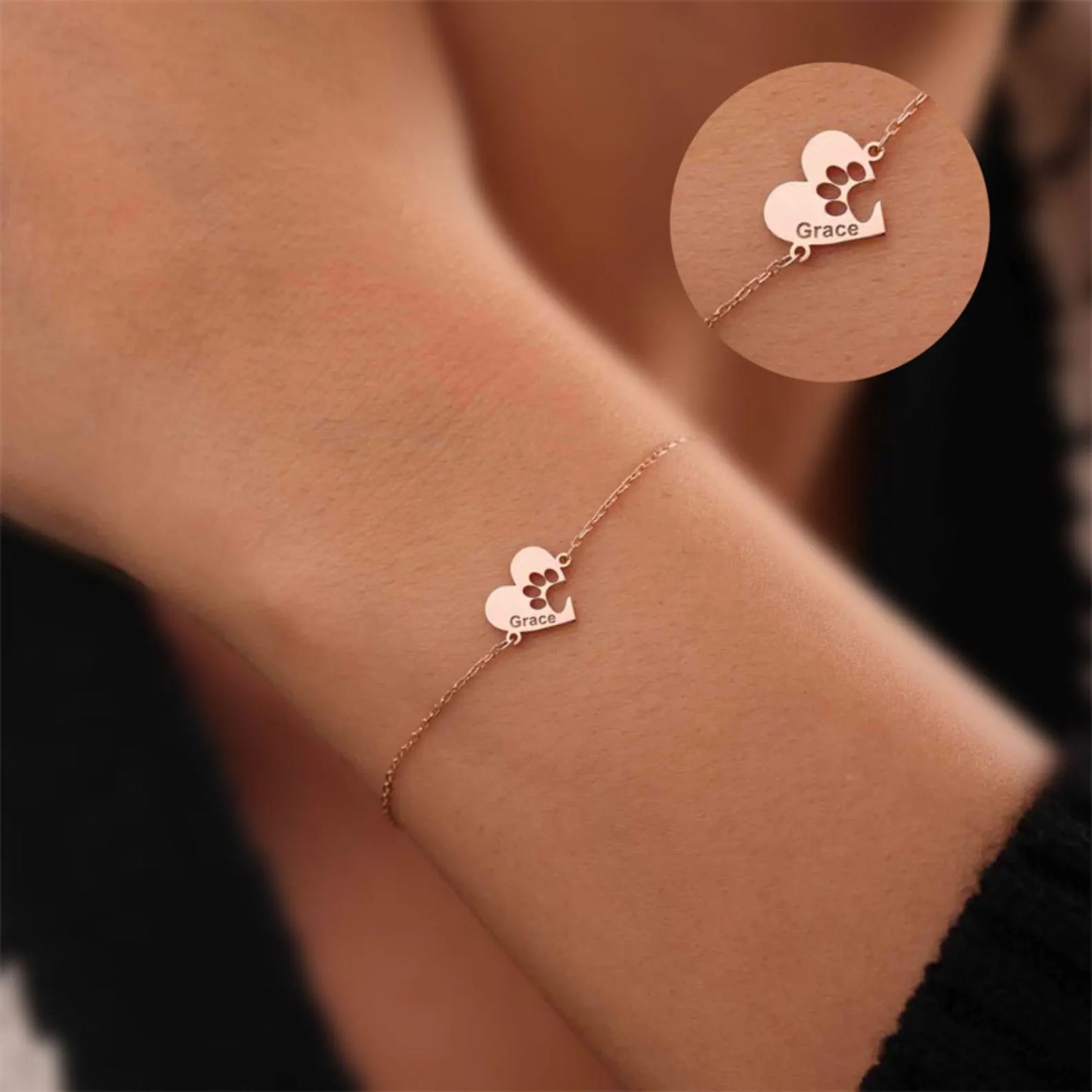 Pulsera personalizada con nombre y huella en forma de corazón